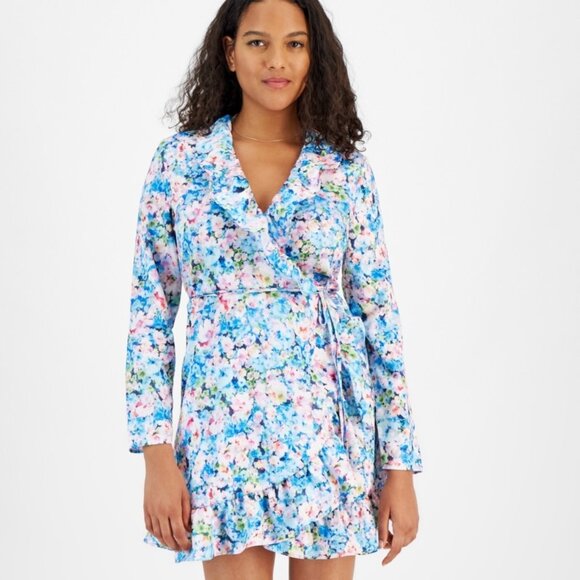 NWT Bar III Petite Floral-Print Ruffled Tie-Waist Wrap Dress - Picture 1 of 1